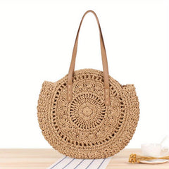 Straw Woven Casual Handbag Double Handle Beach Bag Lightweight Shoulder Bag