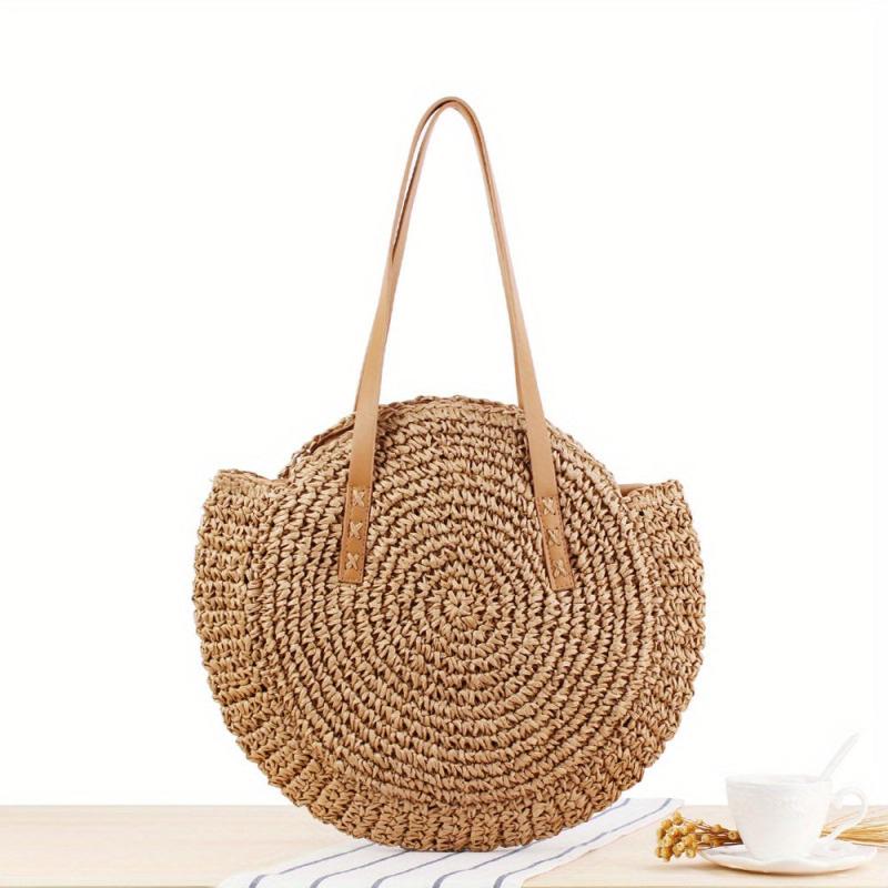 Straw Woven Casual Handbag Double Handle Beach Bag Lightweight Shoulder Bag