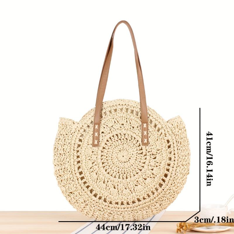 Straw Woven Casual Handbag Double Handle Beach Bag Lightweight Shoulder Bag