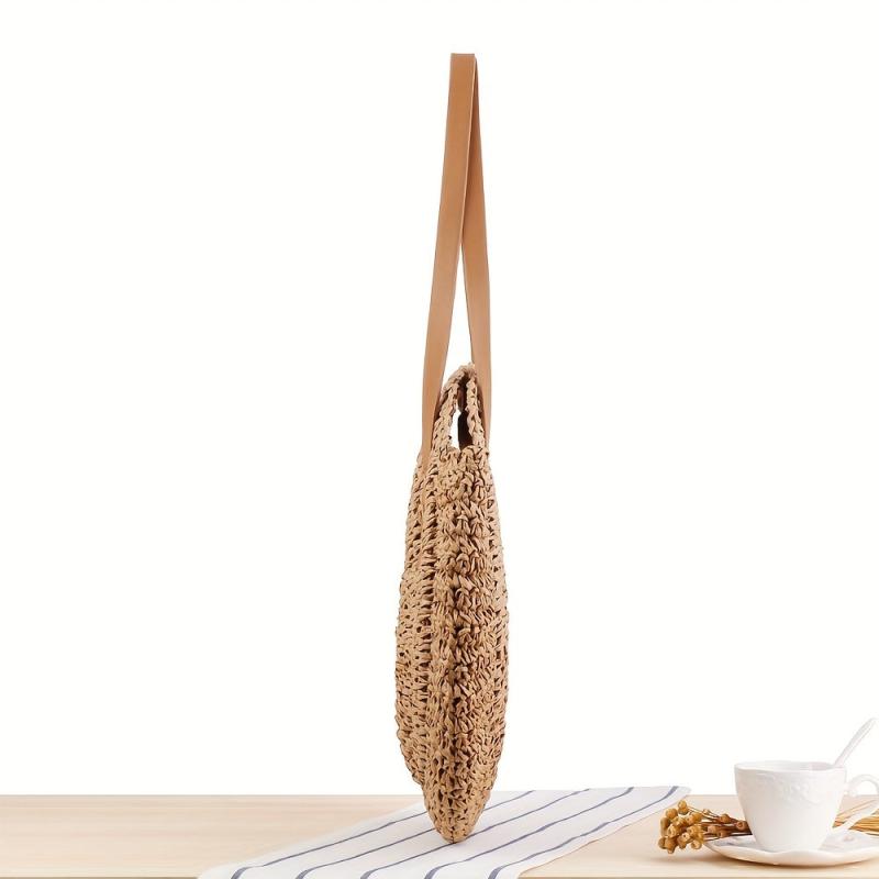 Straw Woven Casual Handbag Double Handle Beach Bag Lightweight Shoulder Bag