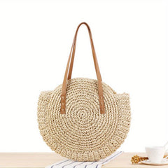 Straw Woven Casual Handbag Double Handle Beach Bag Lightweight Shoulder Bag