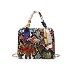 Mini Snakeskin Embossed Handbag Twilly Scarf Decor Crossbody Bag