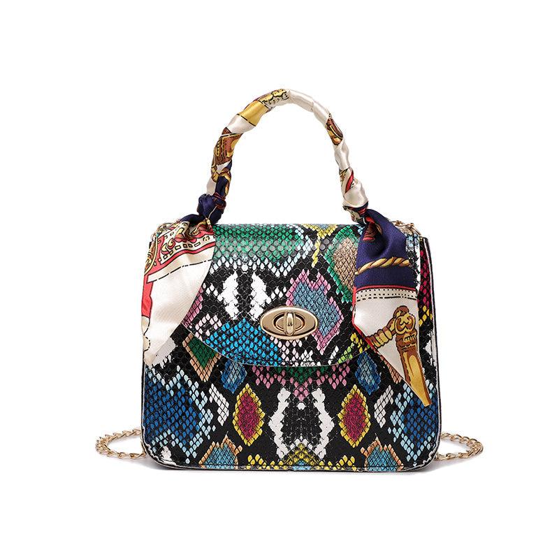 Mini Snakeskin Embossed Handbag Twilly Scarf Decor Crossbody Bag