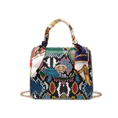 Mini Snakeskin Embossed Handbag Twilly Scarf Decor Crossbody Bag