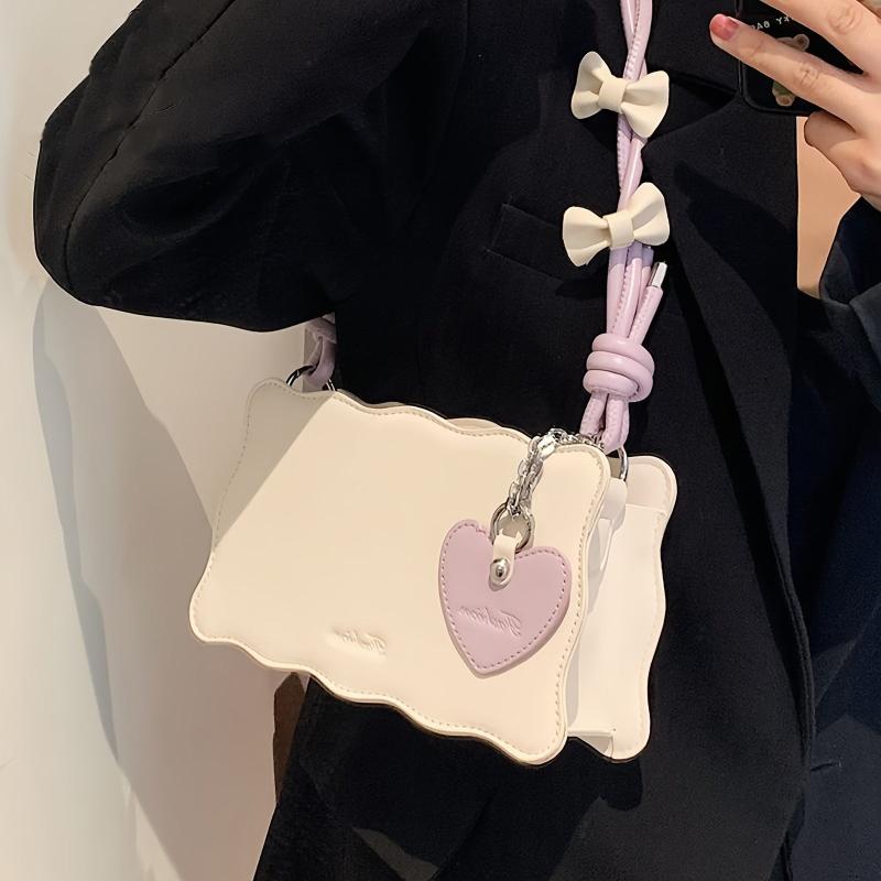 Weave Trim Shoulder Bag Y2K Heart & Bow Decor Handbag