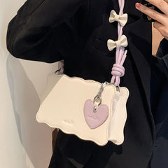Weave Trim Shoulder Bag Y2K Heart & Bow Decor Handbag