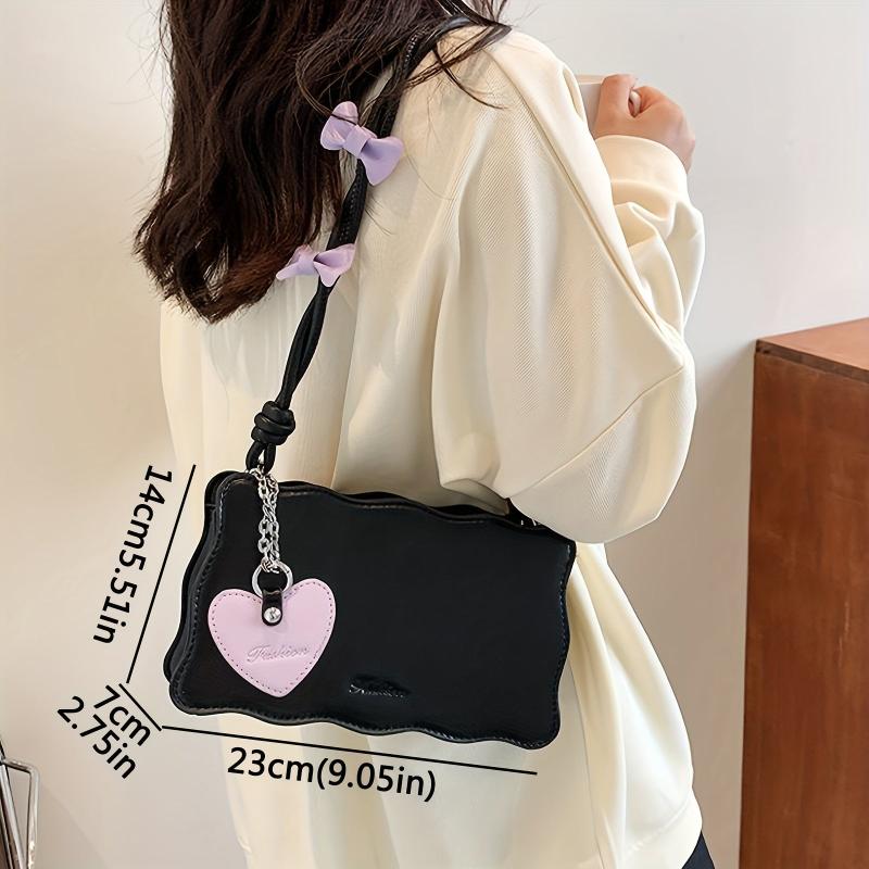 Weave Trim Shoulder Bag Y2K Heart & Bow Decor Handbag