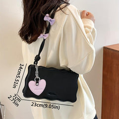 Weave Trim Shoulder Bag Y2K Heart & Bow Decor Handbag