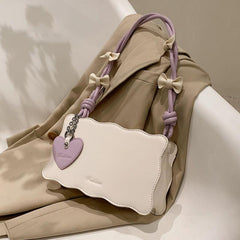Weave Trim Shoulder Bag Y2K Heart & Bow Decor Handbag