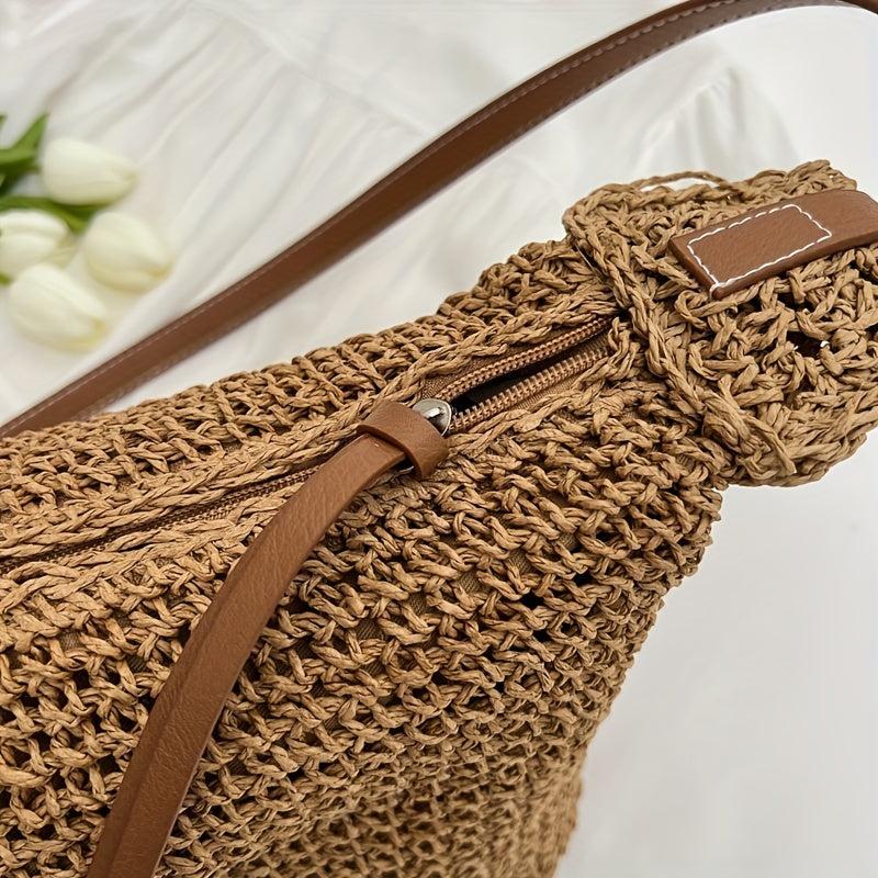 Straw Woven Shoulder Bag Large Capacity Bucket Bag Boho Style Beach Bag
