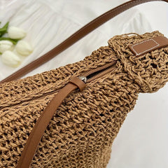 Straw Woven Shoulder Bag Large Capacity Bucket Bag Boho Style Beach Bag