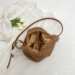 Straw Woven Shoulder Bag Large Capacity Bucket Bag Boho Style Beach Bag