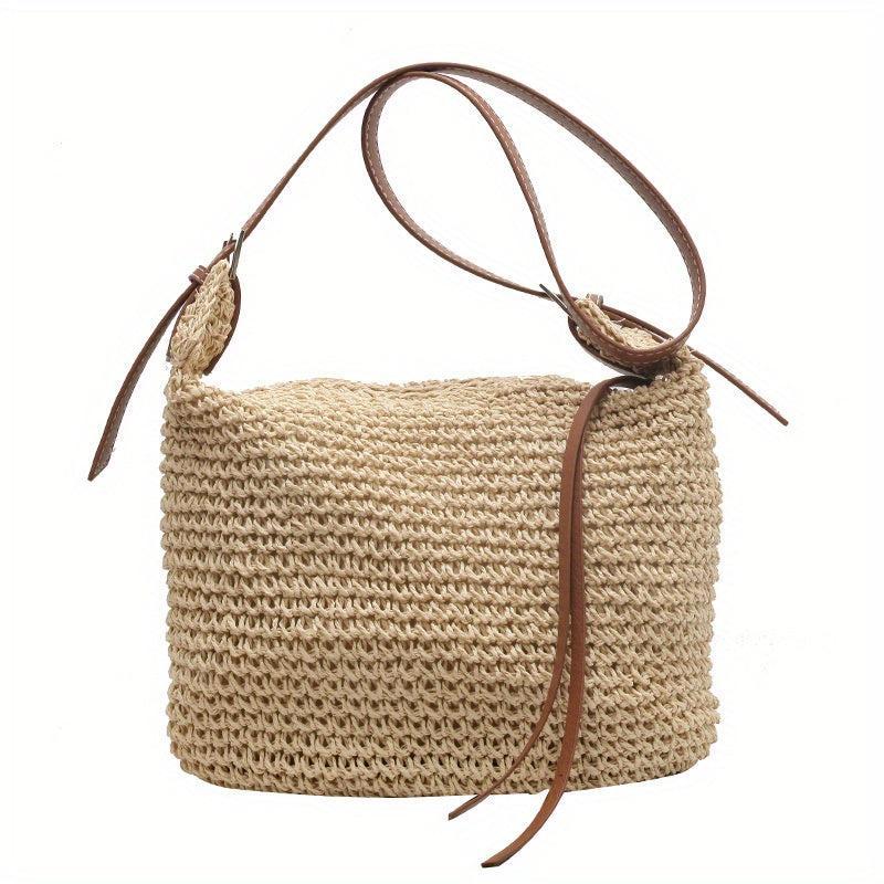 Straw Woven Shoulder Bag Large Capacity Bucket Bag Boho Style Beach Bag