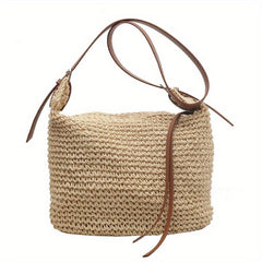 Straw Woven Shoulder Bag Large Capacity Bucket Bag Boho Style Beach Bag