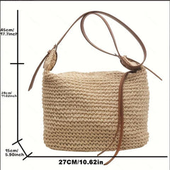 Straw Woven Shoulder Bag Large Capacity Bucket Bag Boho Style Beach Bag