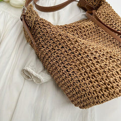 Straw Woven Shoulder Bag Large Capacity Bucket Bag Boho Style Beach Bag