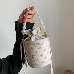 Women's Embossed Bucket Bag Pearl Chain Crossbody Bag
