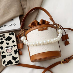 Women's Embossed Bucket Bag Pearl Chain Crossbody Bag