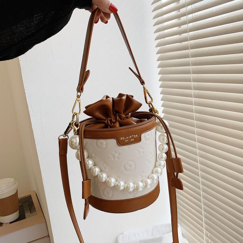 Women's Embossed Bucket Bag Pearl Chain Crossbody Bag