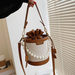 Women's Embossed Bucket Bag Pearl Chain Crossbody Bag