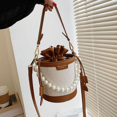 Women's Embossed Bucket Bag Pearl Chain Crossbody Bag