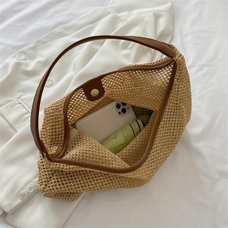 Large Capacity Straw Beach Bag for Women, Woven Shoulder Bag for Summer Holiday