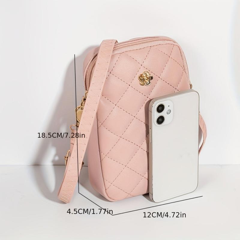 Argyle Quilted Phone Bag Mini Crossbody PU Leather Zipper Purse