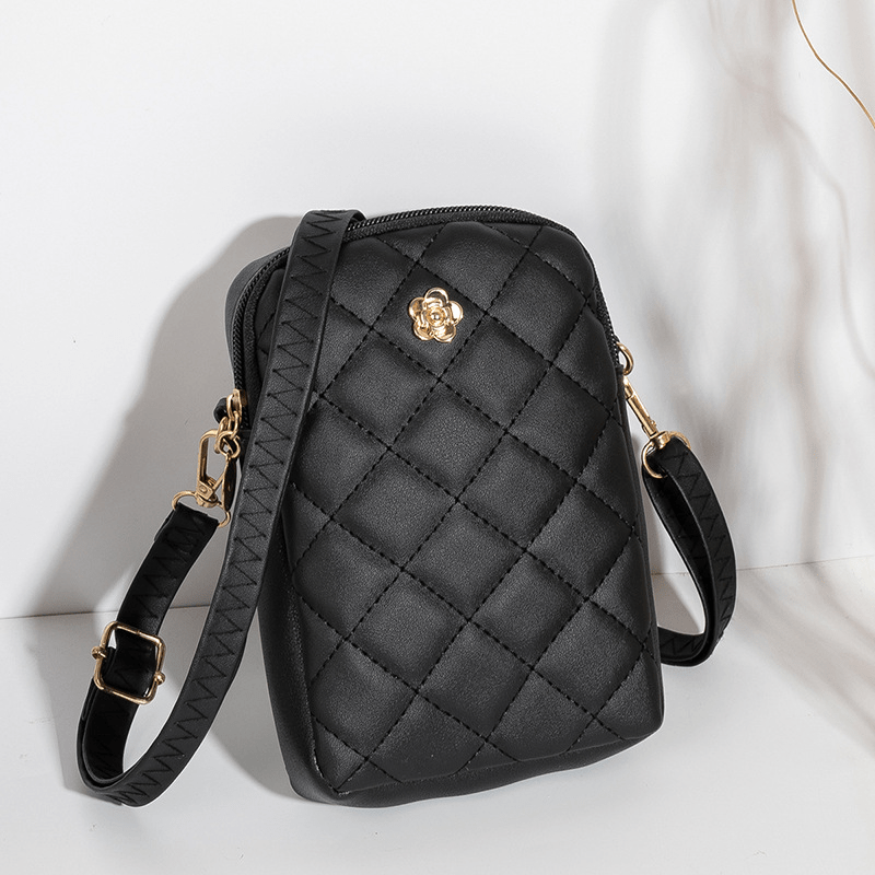 Argyle Quilted Phone Bag Mini Crossbody PU Leather Zipper Purse