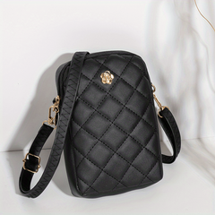 Argyle Quilted Phone Bag Mini Crossbody PU Leather Zipper Purse