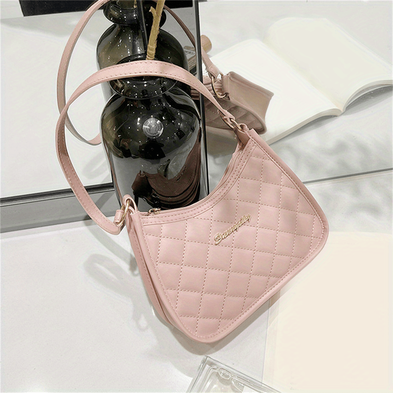 Argyle Quilted Shoulder Bag Zipper Underarm Purse Small PU Leather Handbag