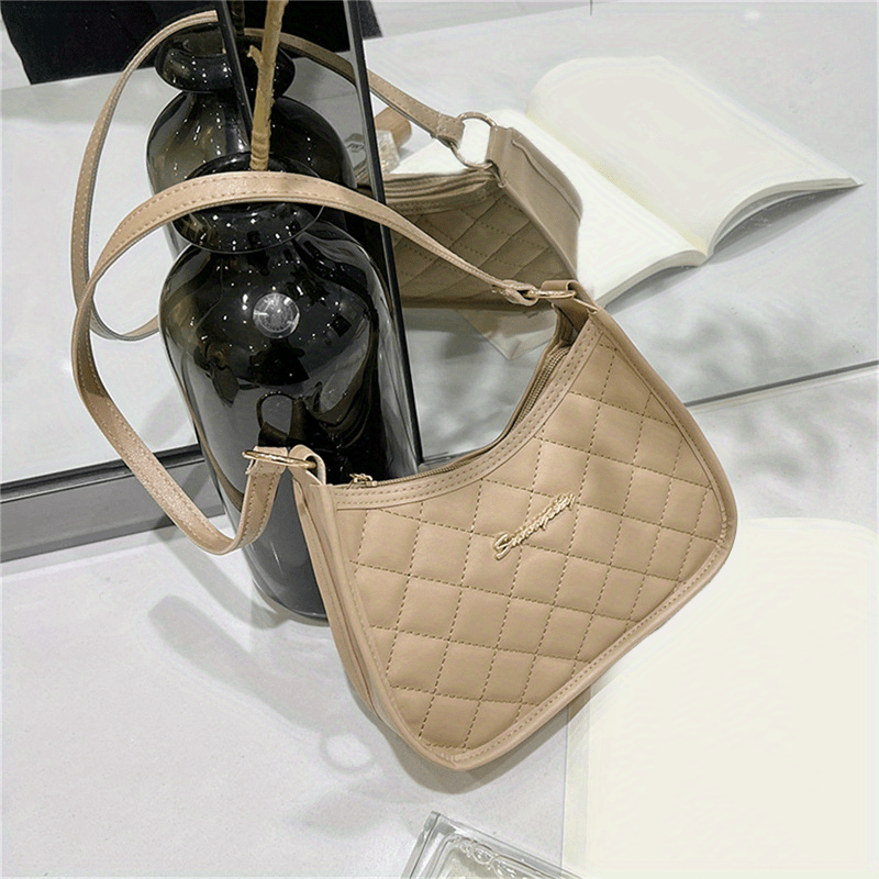 Argyle Quilted Shoulder Bag Zipper Underarm Purse Small PU Leather Handbag