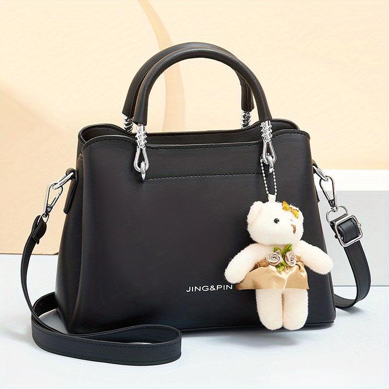 Classic Solid Satchel Bag with Bear Pendant