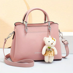 Classic Solid Satchel Bag with Bear Pendant