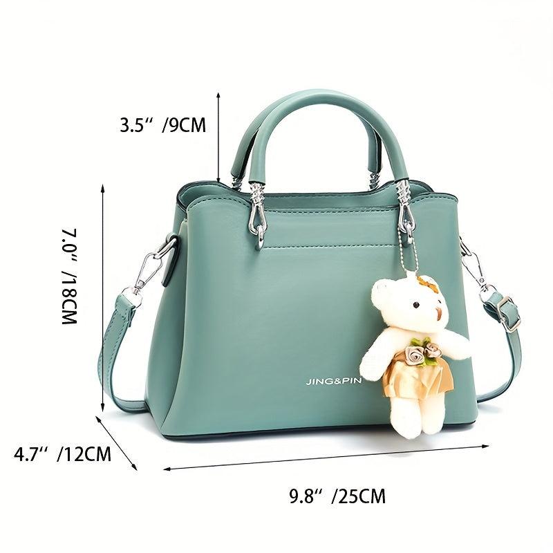 Classic Solid Satchel Bag with Bear Pendant