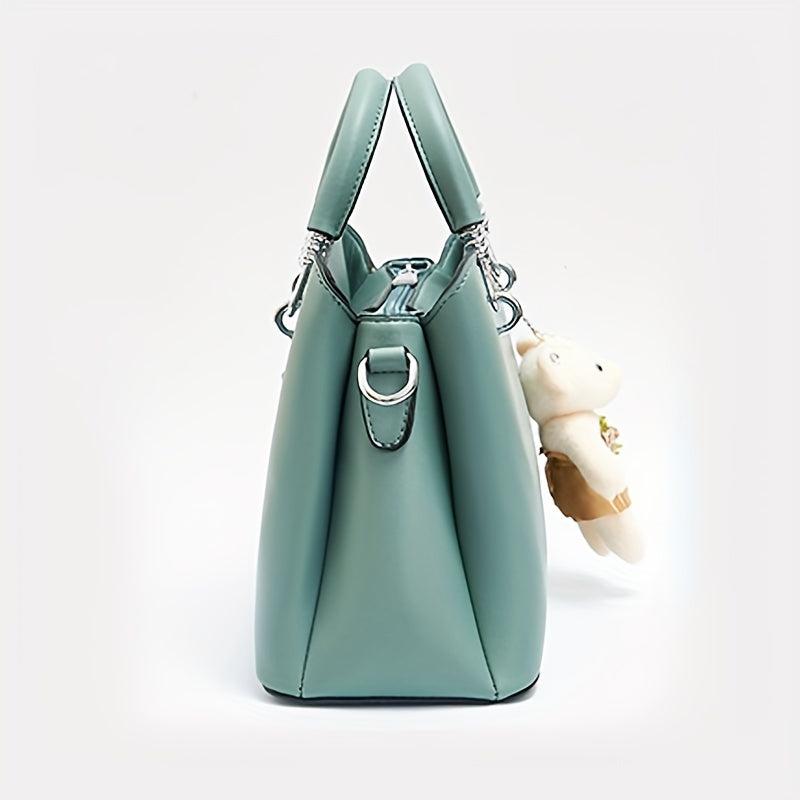 Classic Solid Satchel Bag with Bear Pendant