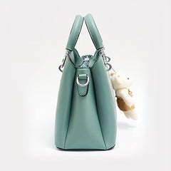 Classic Solid Satchel Bag with Bear Pendant
