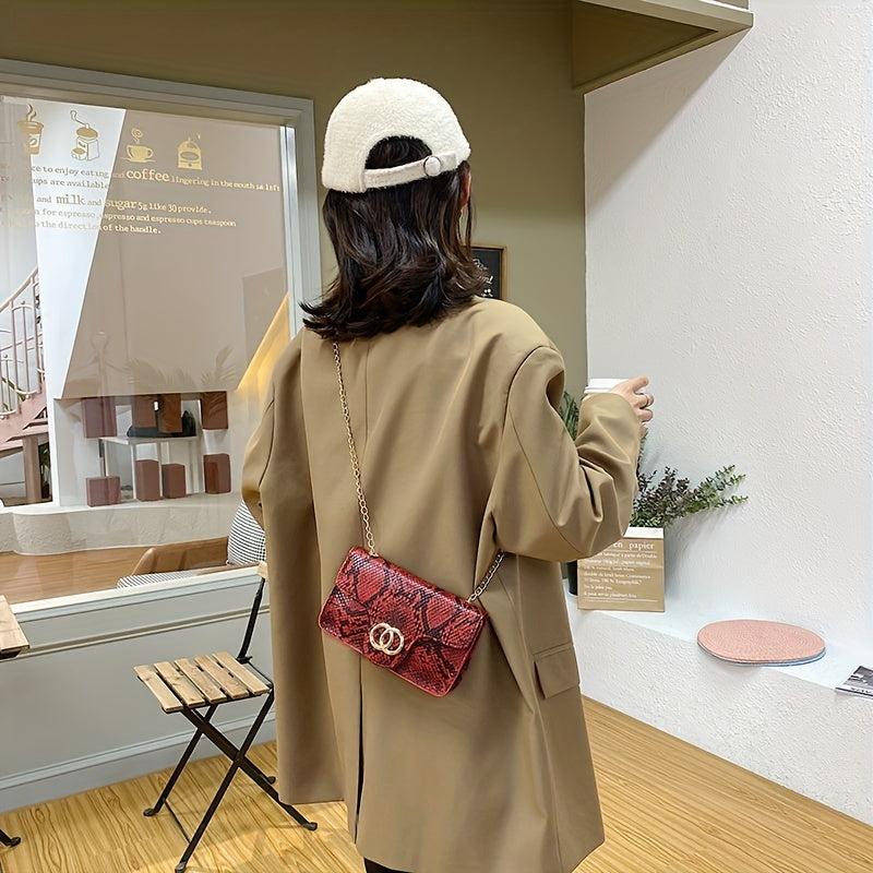 Snake Skin Metal Chain Crossbody Bag PU Leather Cell Phone Bag