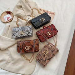 Snake Skin Metal Chain Crossbody Bag PU Leather Cell Phone Bag