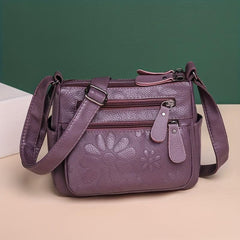 Flower Embossed Crossbody Bag PU Leather Shoulder Bag Women's Pockets