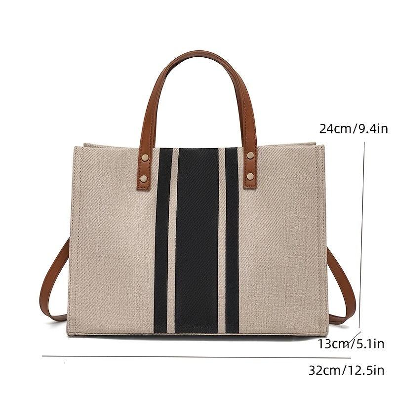 Striped Canvas Tote Bag Large Capacity Briefcase Women's Work Shoulder Bag