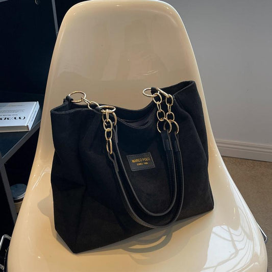 Suede Tote Bag with Letter Patch Decor Vintage Chain Shoulder Bag