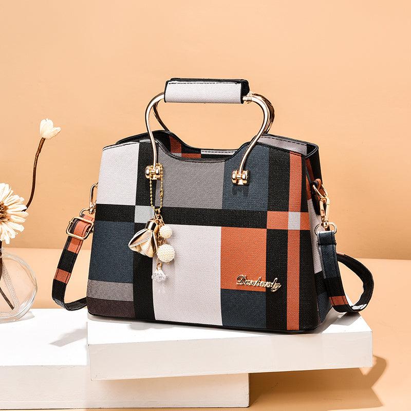 Colorblock Plaid Pendant Shoulder Bag Crossbody Handbag