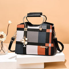 Colorblock Plaid Pendant Shoulder Bag Crossbody Handbag