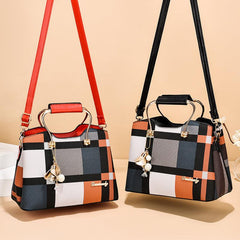 Colorblock Plaid Pendant Shoulder Bag Crossbody Handbag
