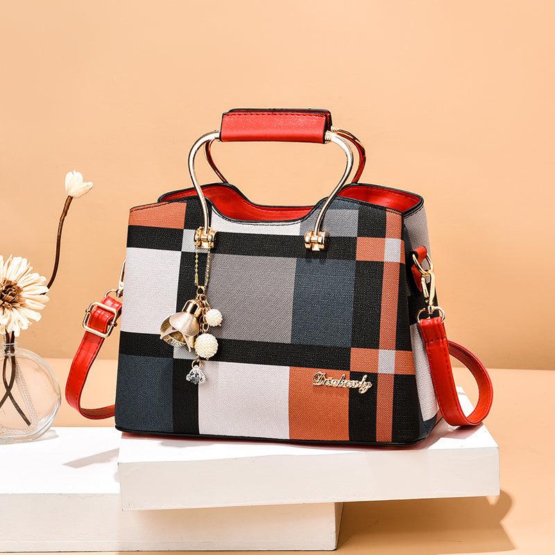 Colorblock Plaid Pendant Shoulder Bag Crossbody Handbag