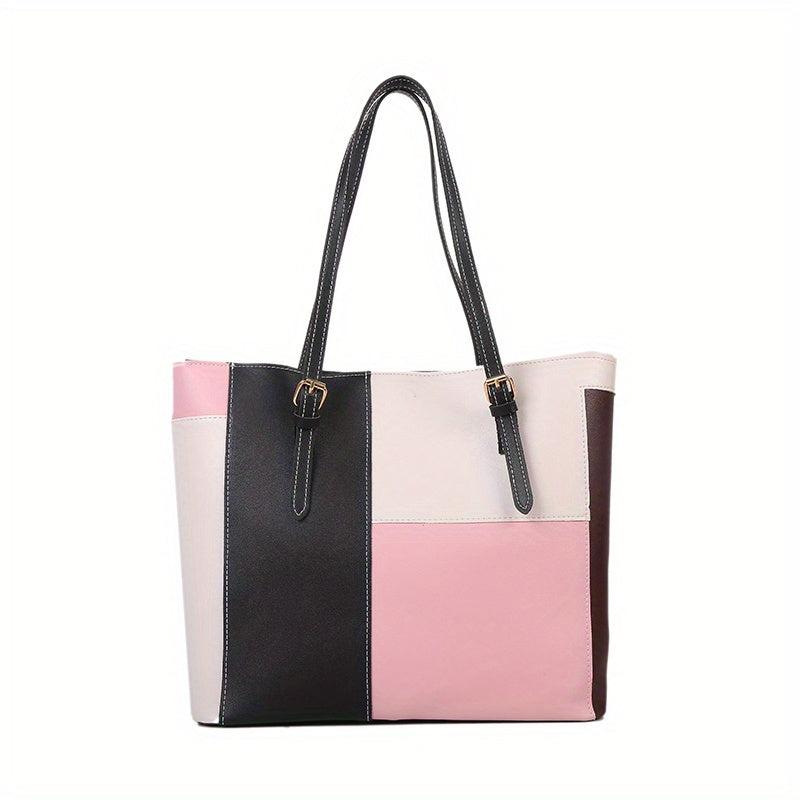Large Capacity Contrast Tote Bag PU Leather Textured Shoulder Bag