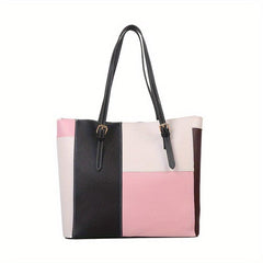 Large Capacity Contrast Tote Bag PU Leather Textured Shoulder Bag