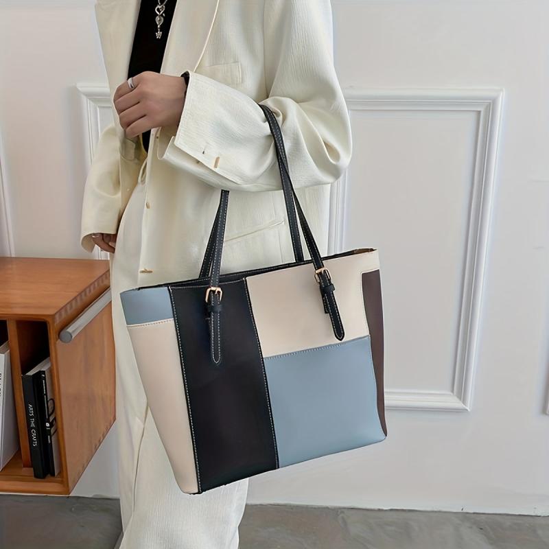 Large Capacity Contrast Tote Bag PU Leather Textured Shoulder Bag