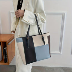 Large Capacity Contrast Tote Bag PU Leather Textured Shoulder Bag