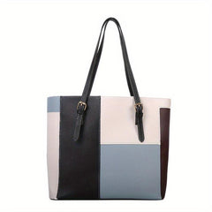 Large Capacity Contrast Tote Bag PU Leather Textured Shoulder Bag